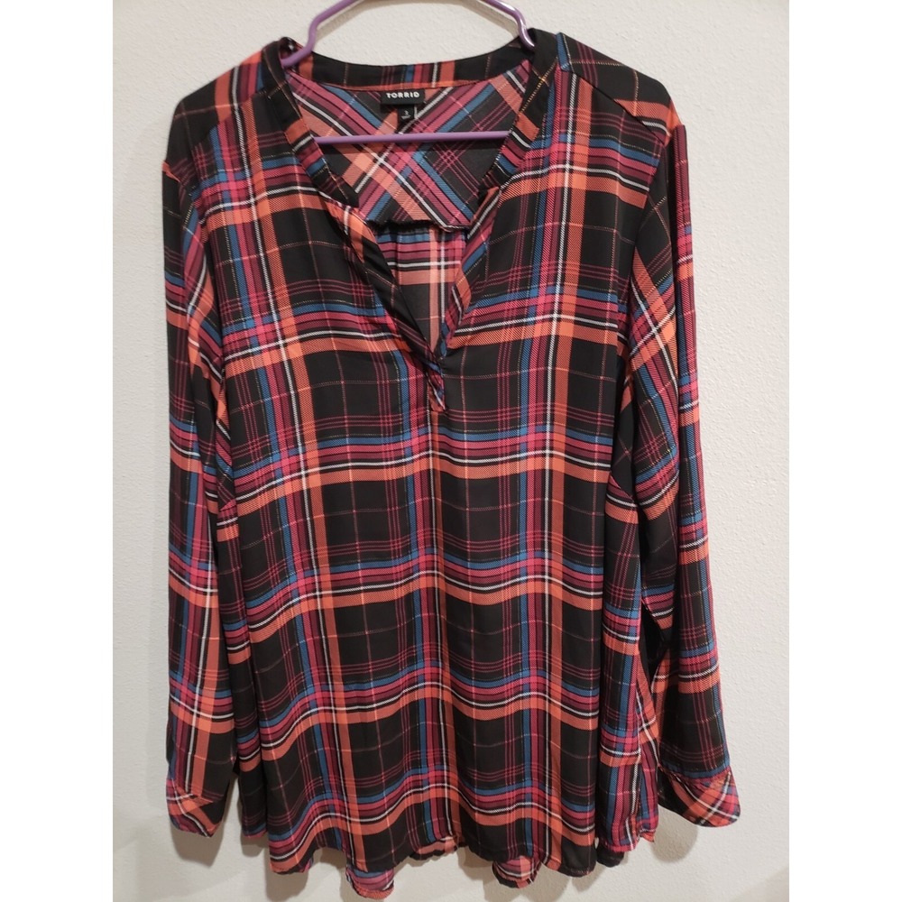 Torrid Black Red Plaid Top Blouse Plus Size 3 Womens Henley Chiffon Sheer